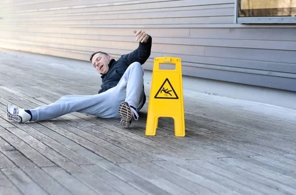 A man lying on the floor next to a caution sign, indicating the need for an Accident Attorney.